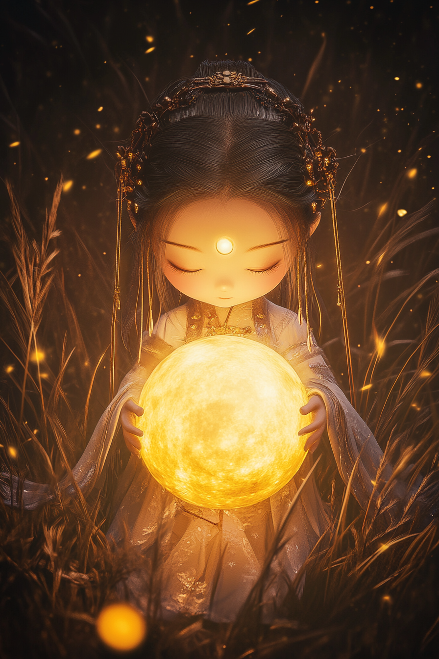 Chibi Chinese girl holds moon in idyllic setting