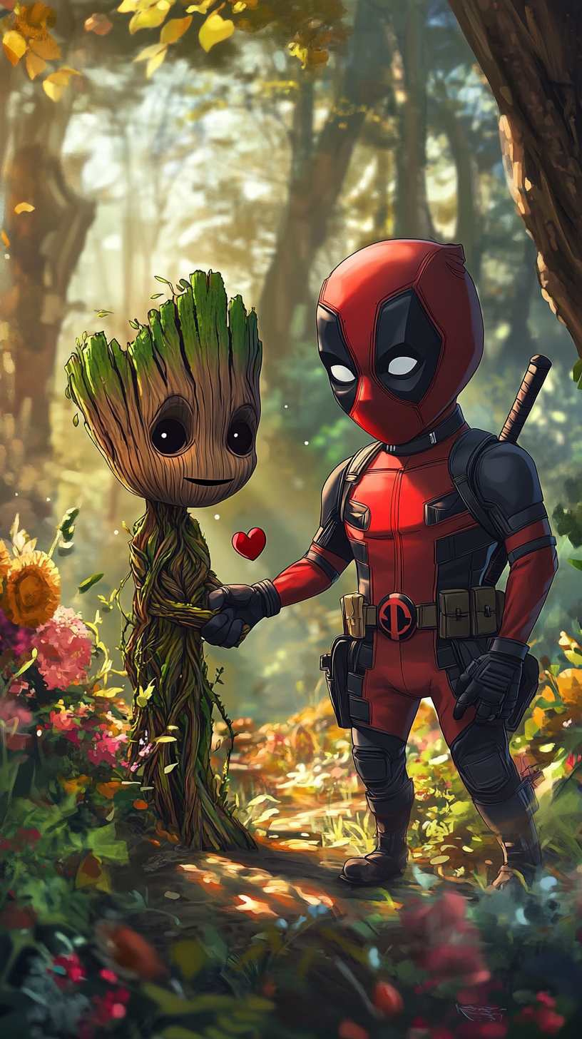 Chibi Deadpool and Groot shake hands in playful forest.