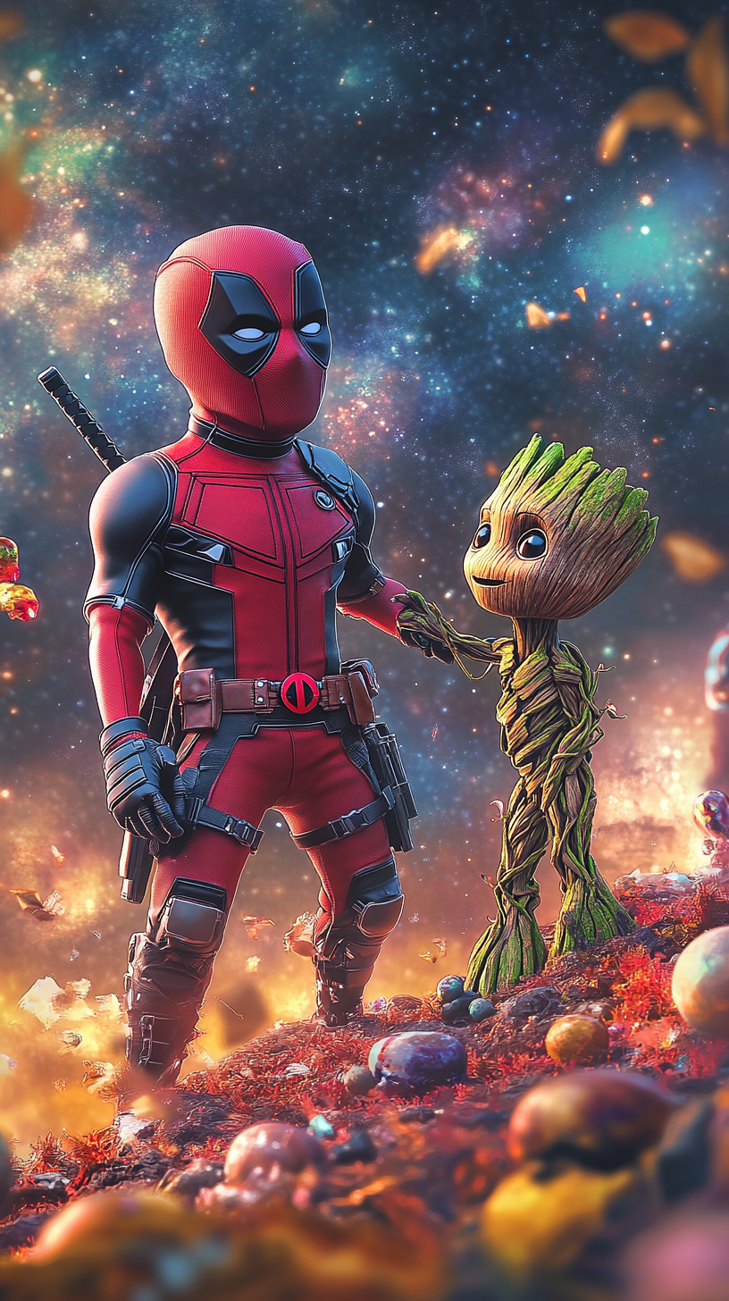 Chibi Deadpool and Groot shaking hands on colorful planet.