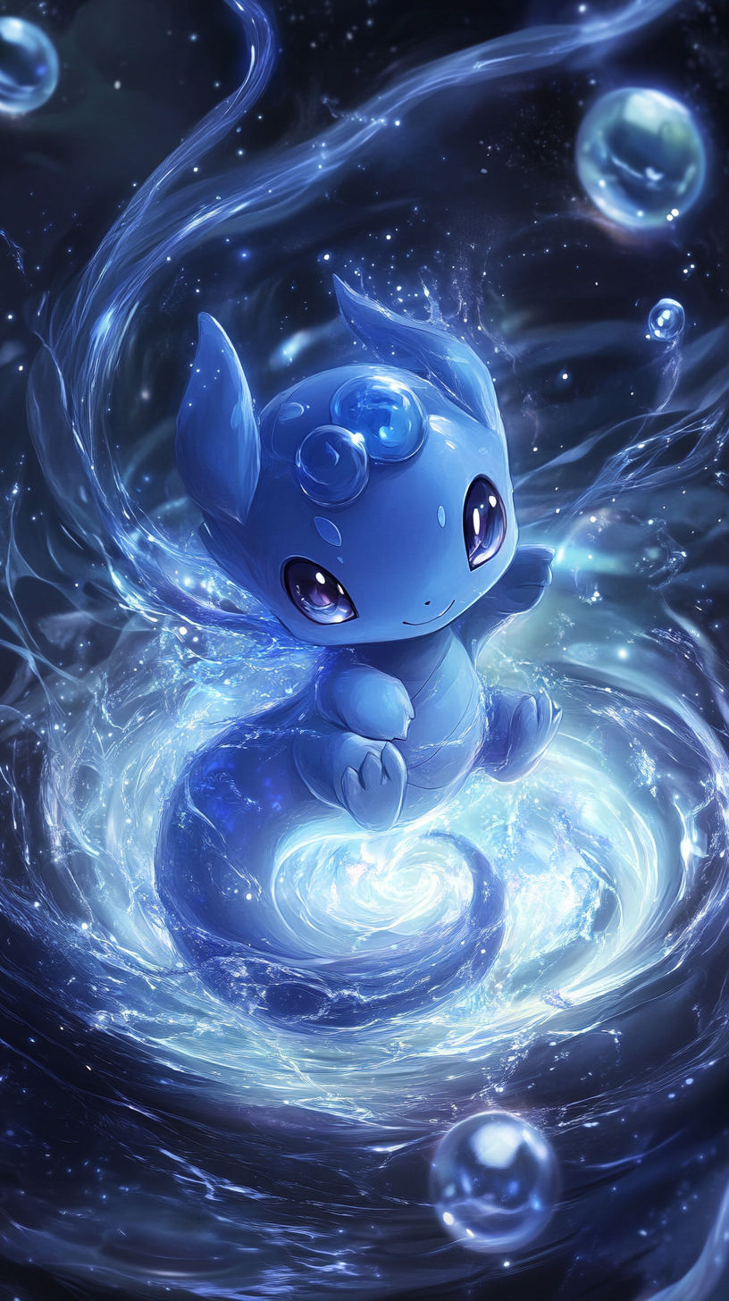 Chibi Dratini emerges from glowing water with magic orbs.