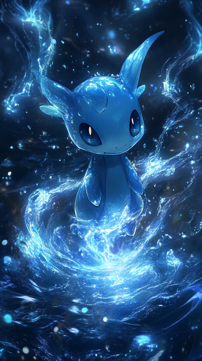 Chibi Dratini emerging from magical water vortex, enchanting aura.