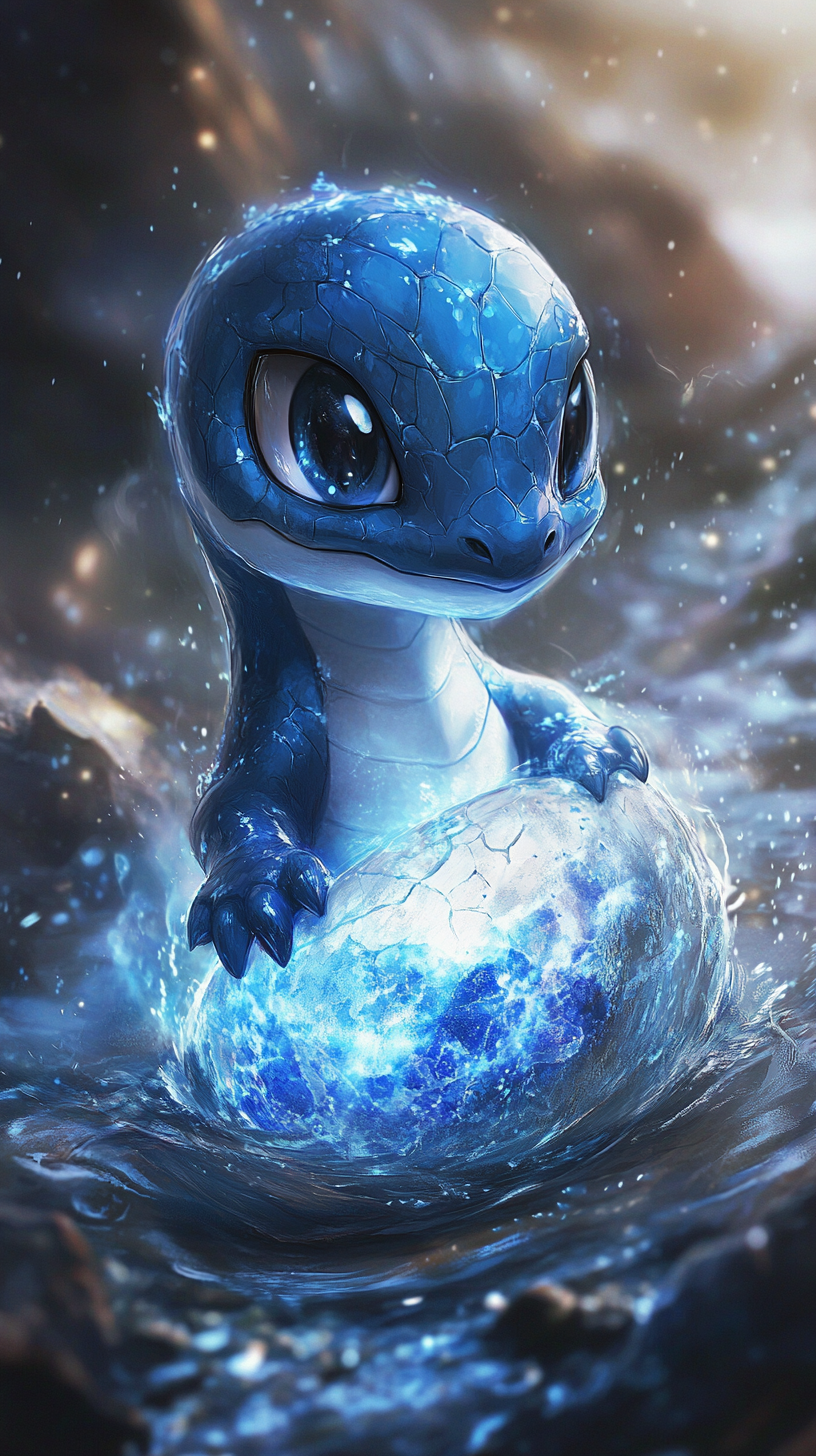 Chibi Dratini hatches from detailed egg in enchanting scene.