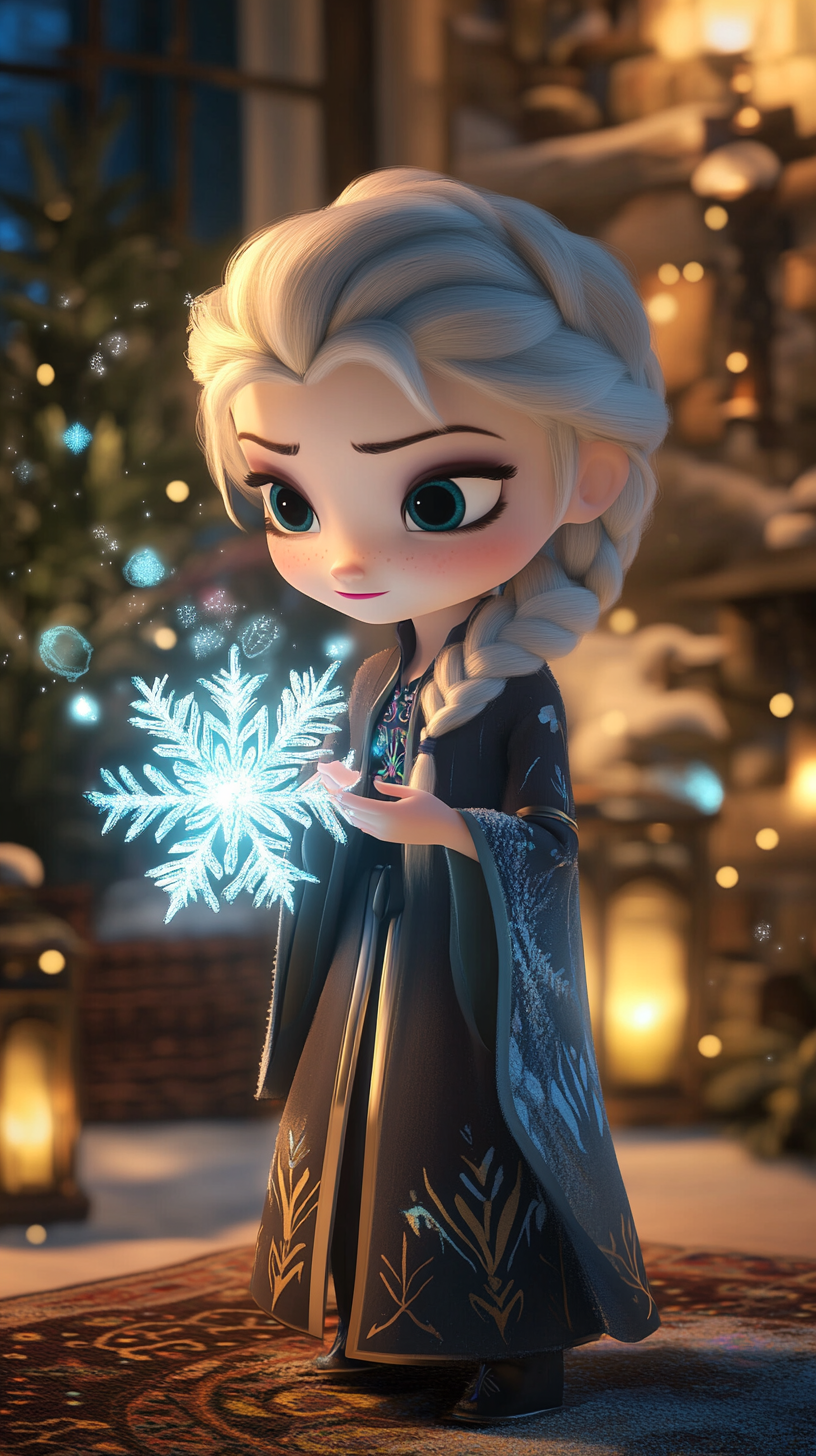 Chibi Elsa creates snowflakes and ice sculptures in Hufflepuff.