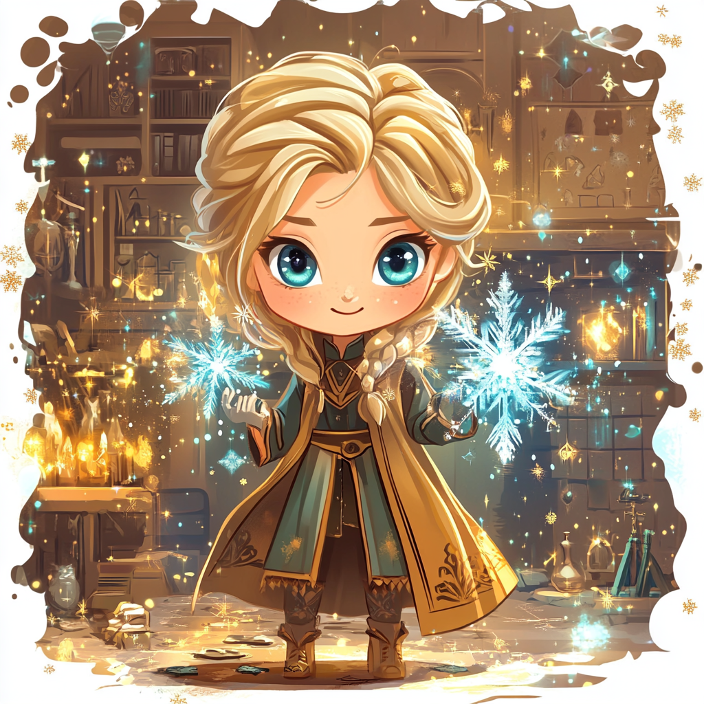 Chibi Elsa in Hufflepuff robe creates magical ice.