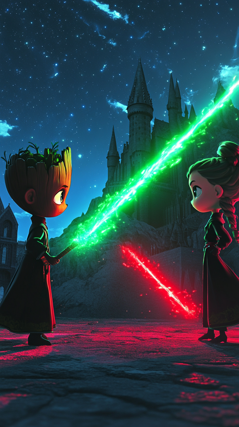 Chibi Groot and Elsa casting spells at Hogwarts Castle.