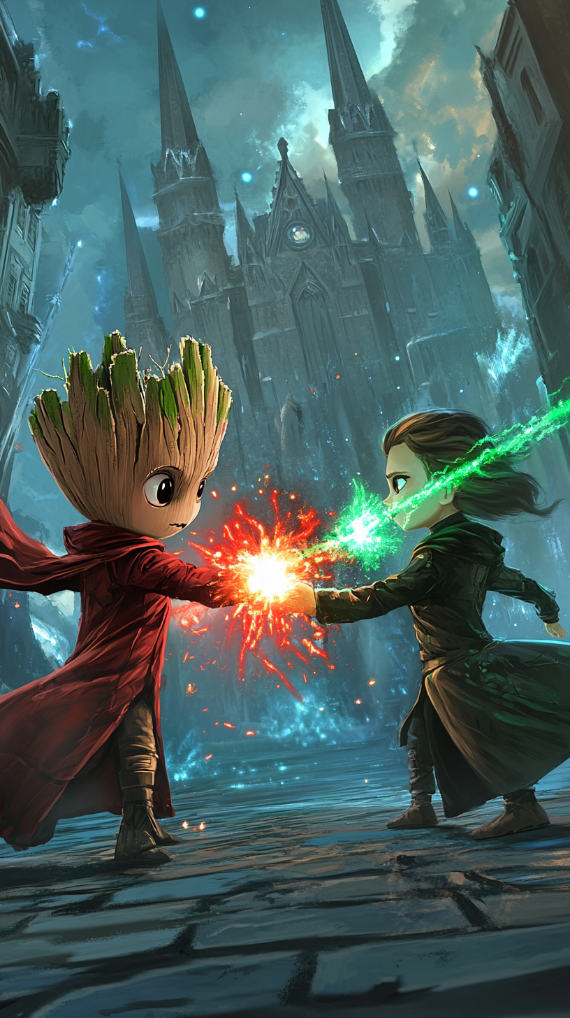 Chibi Groot and Elsa duel in front of Hogwarts.