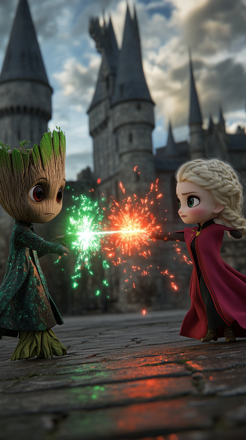 Chibi Groot and Elsa duel with powerful spells at Hogwarts.