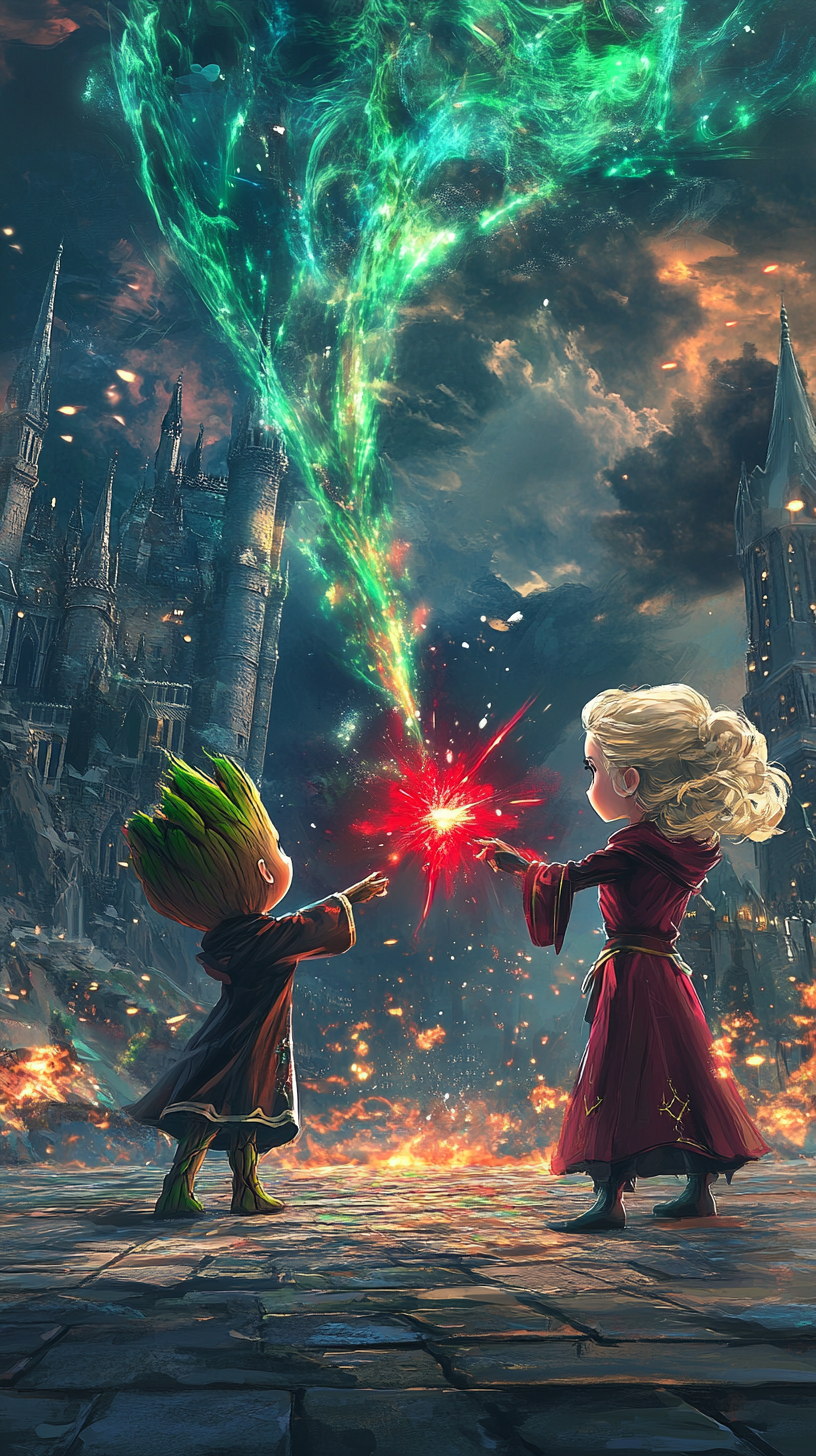 Chibi Groot attacks Elsa with red spell, colorful clash.