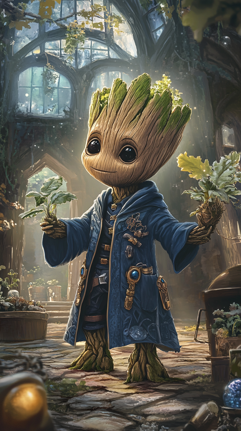 Chibi Groot dressed as Ravenclaw studying magical plants.