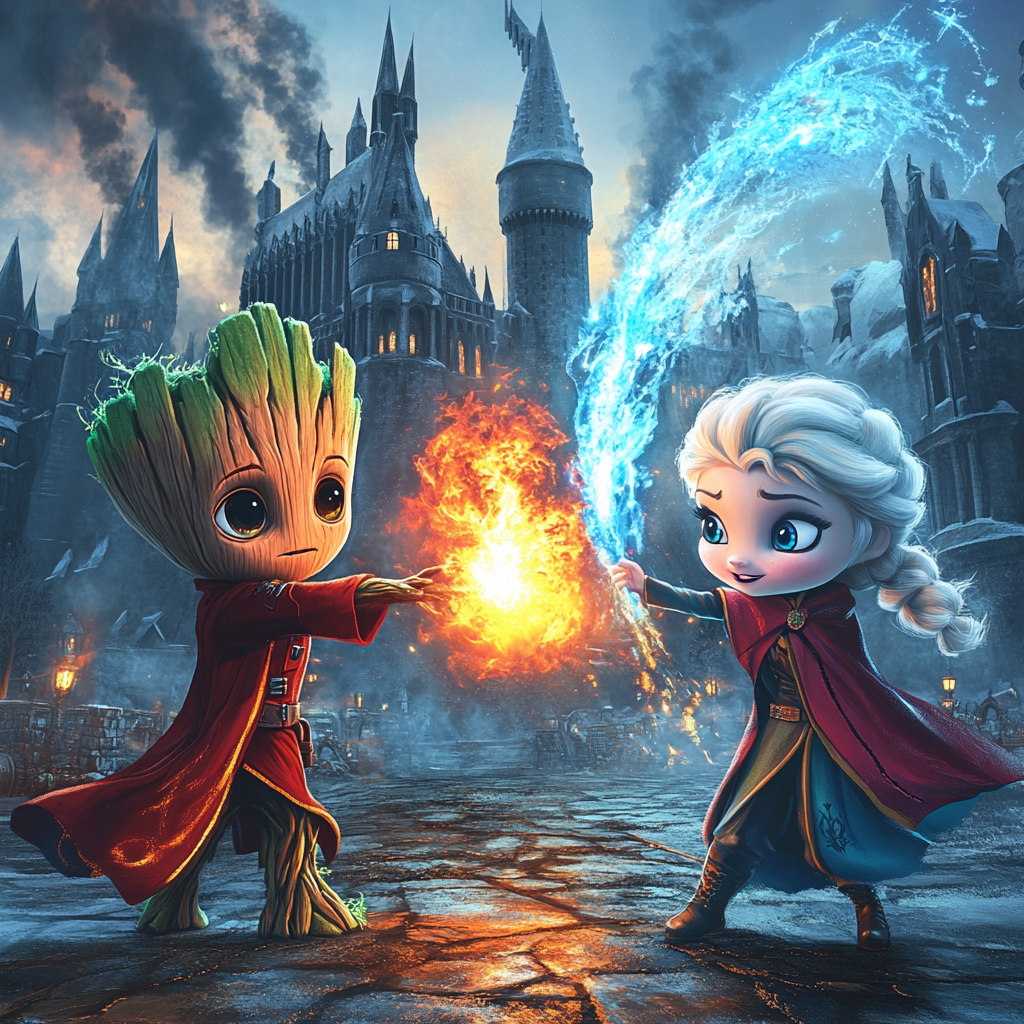 Chibi Groot in Gryffindor vs Elsa in Serpentard.