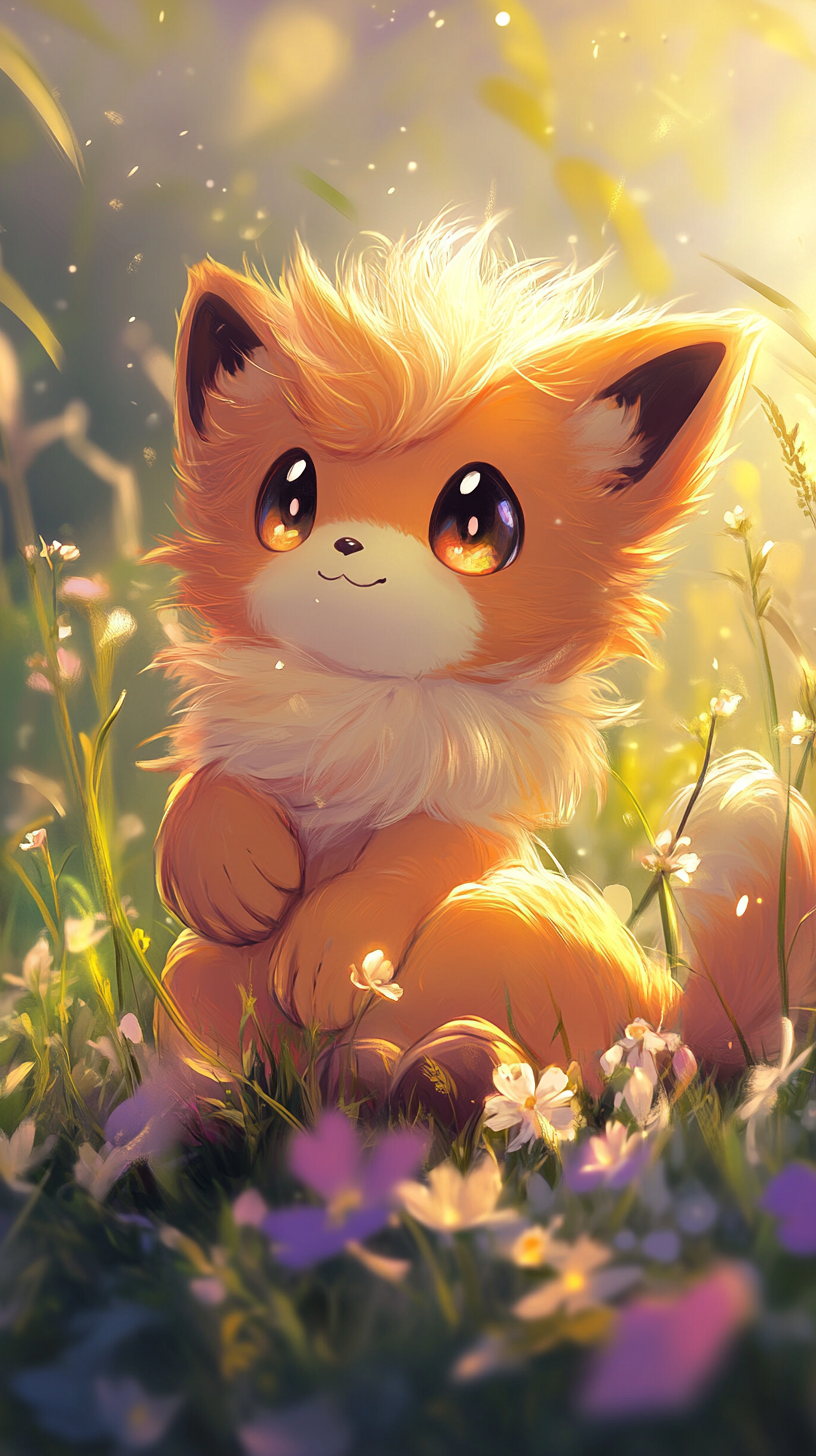 Chibi Growlithe in flower field, cute fluffy fur, playful.