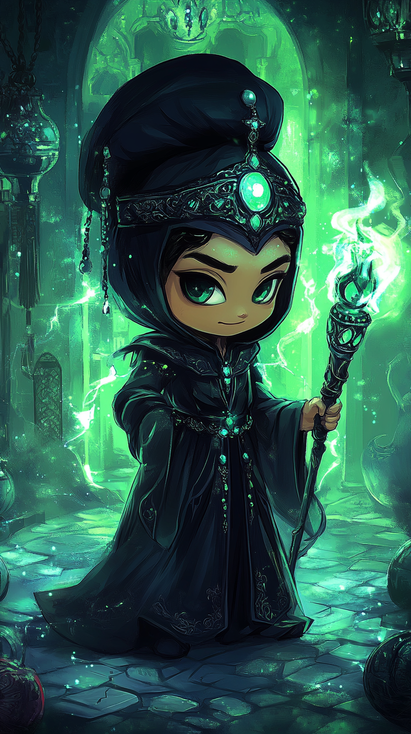 Chibi Jafar in Serpentard robes with iconic staff.