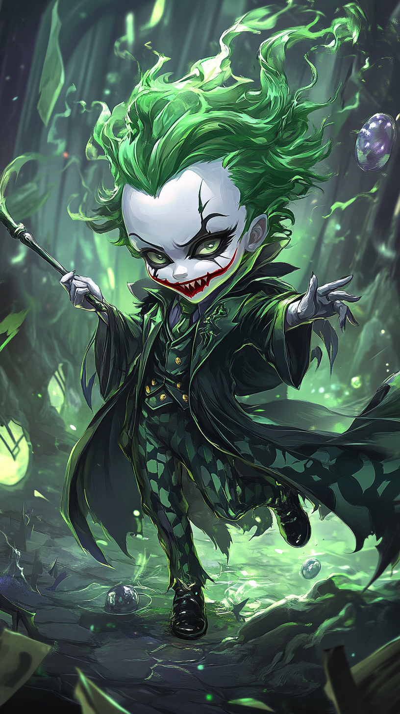 Chibi Joker in Serpentard robes wields wand in dungeon.