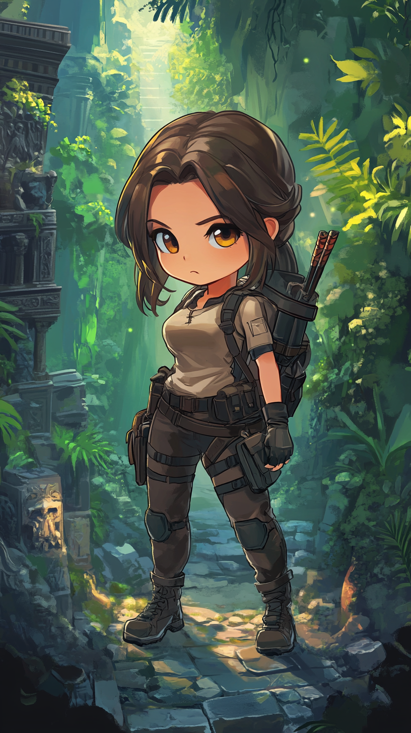 Chibi Lara Croft exploring magical ruins at Hogwarts.