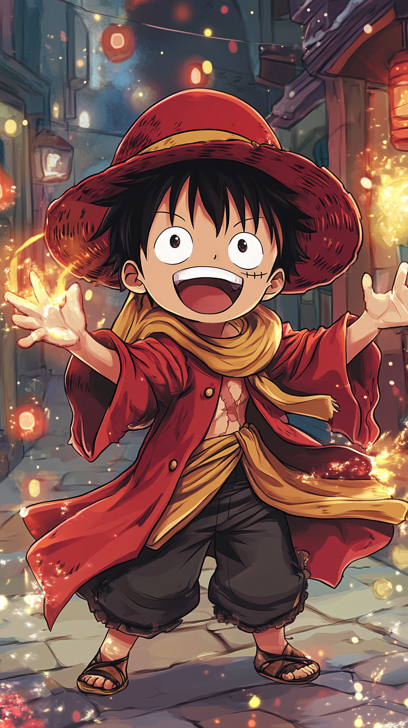 Chibi Luffy from One Piece wears Gryffindor robes joyfully performing spells in Hogwarts.