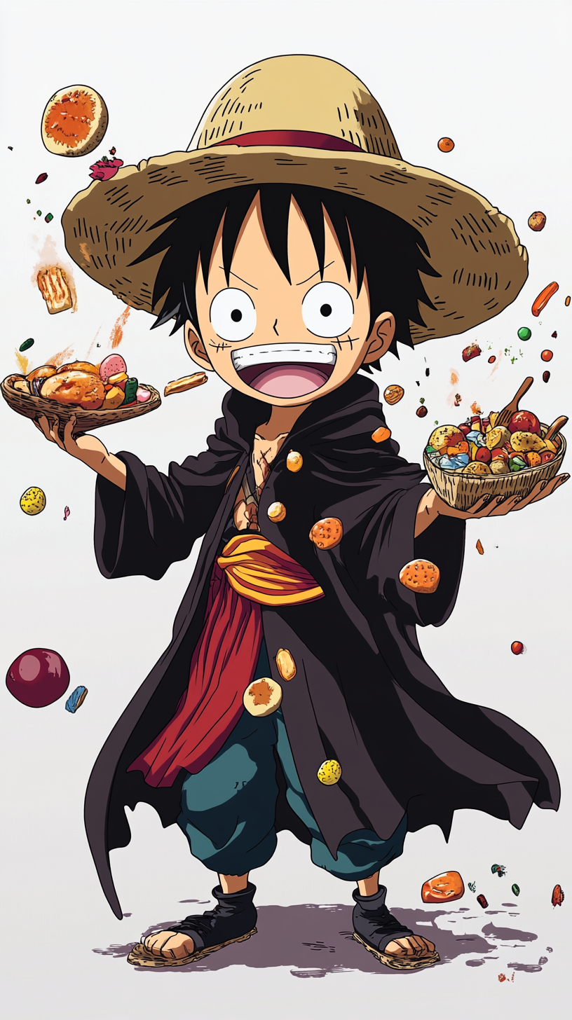 Chibi Luffy in Hogwarts robes multiplies food magically.