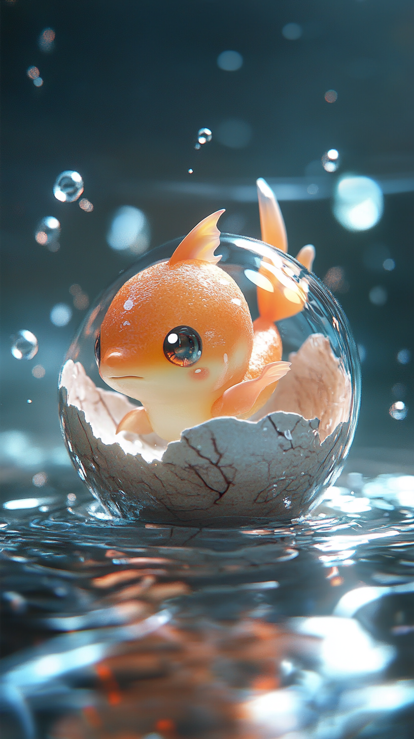 Chibi Magikarp hatching from egg in mystical aura.