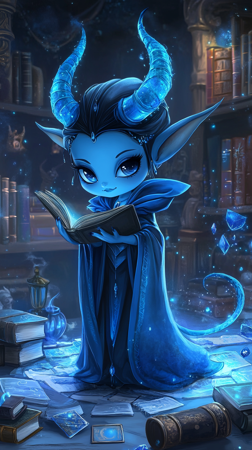 Chibi Maleficent in Ravenclaw robes studying magic books.