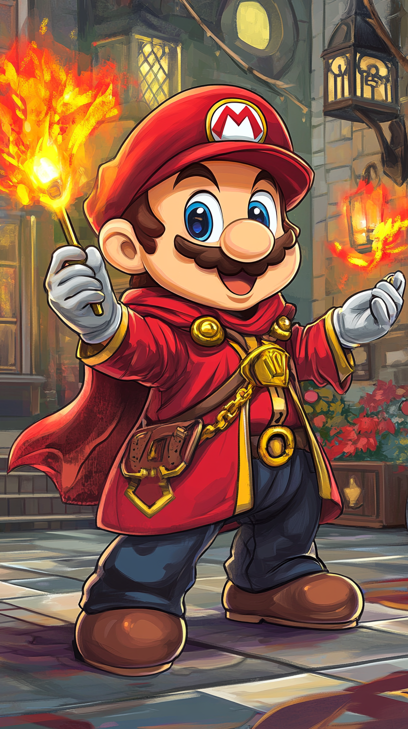 Chibi Mario in Gryffindor robes casting colorful magic.