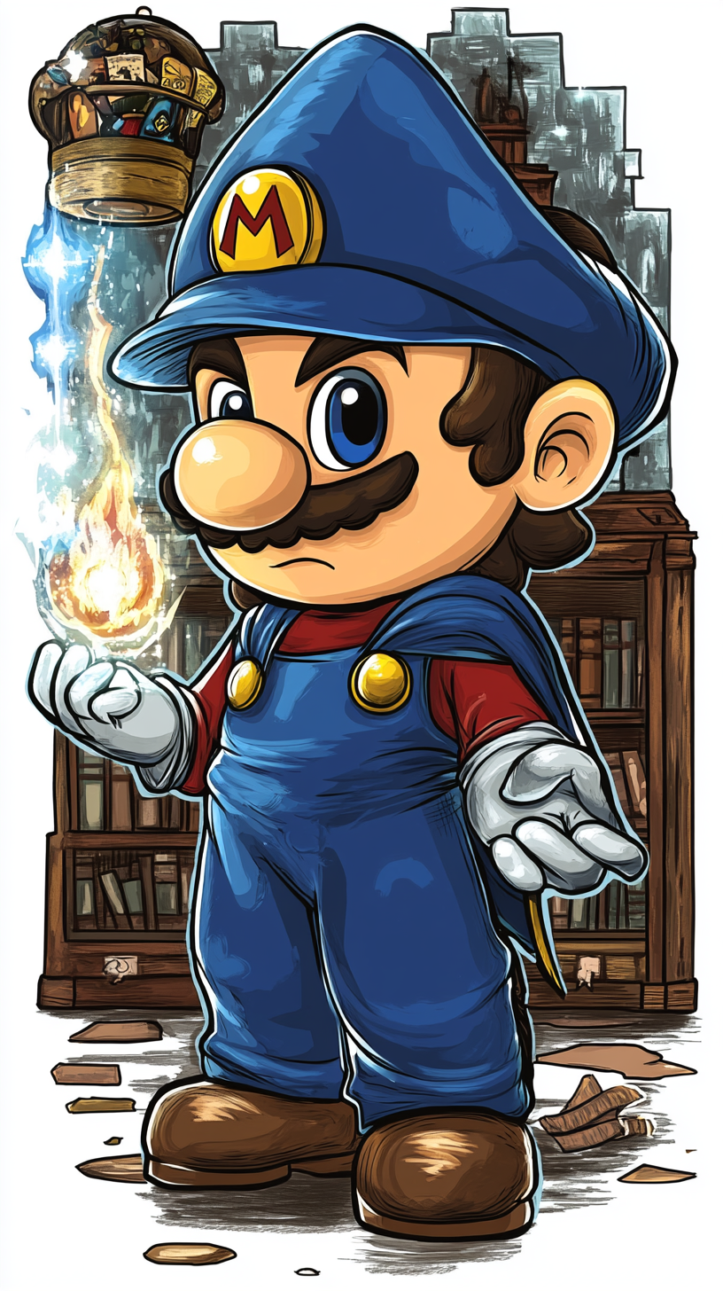 Chibi Mario in Ravenclaw robes, solving magical puzzles.