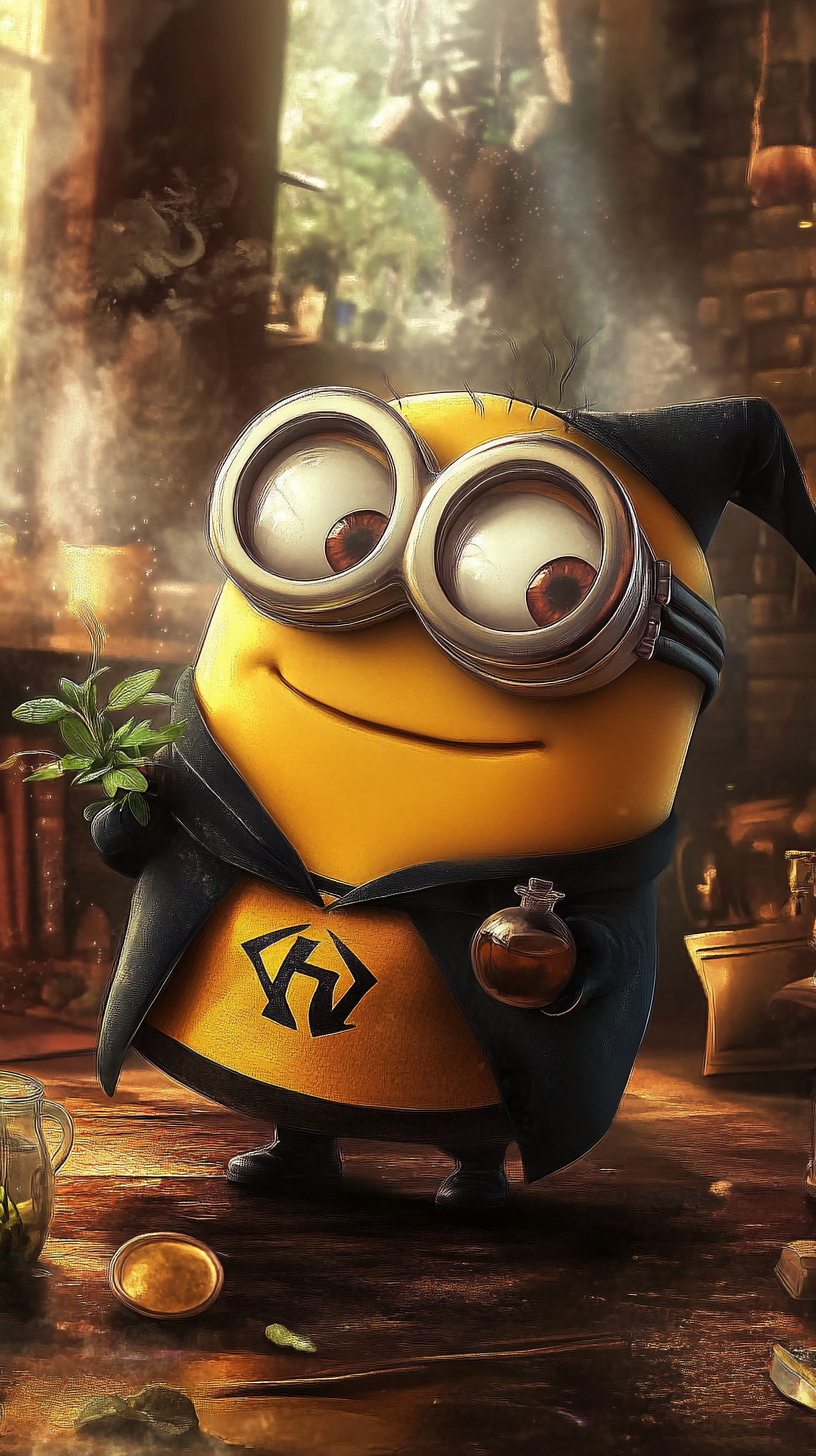 Chibi Minion in Hufflepuff robe works on magical project.