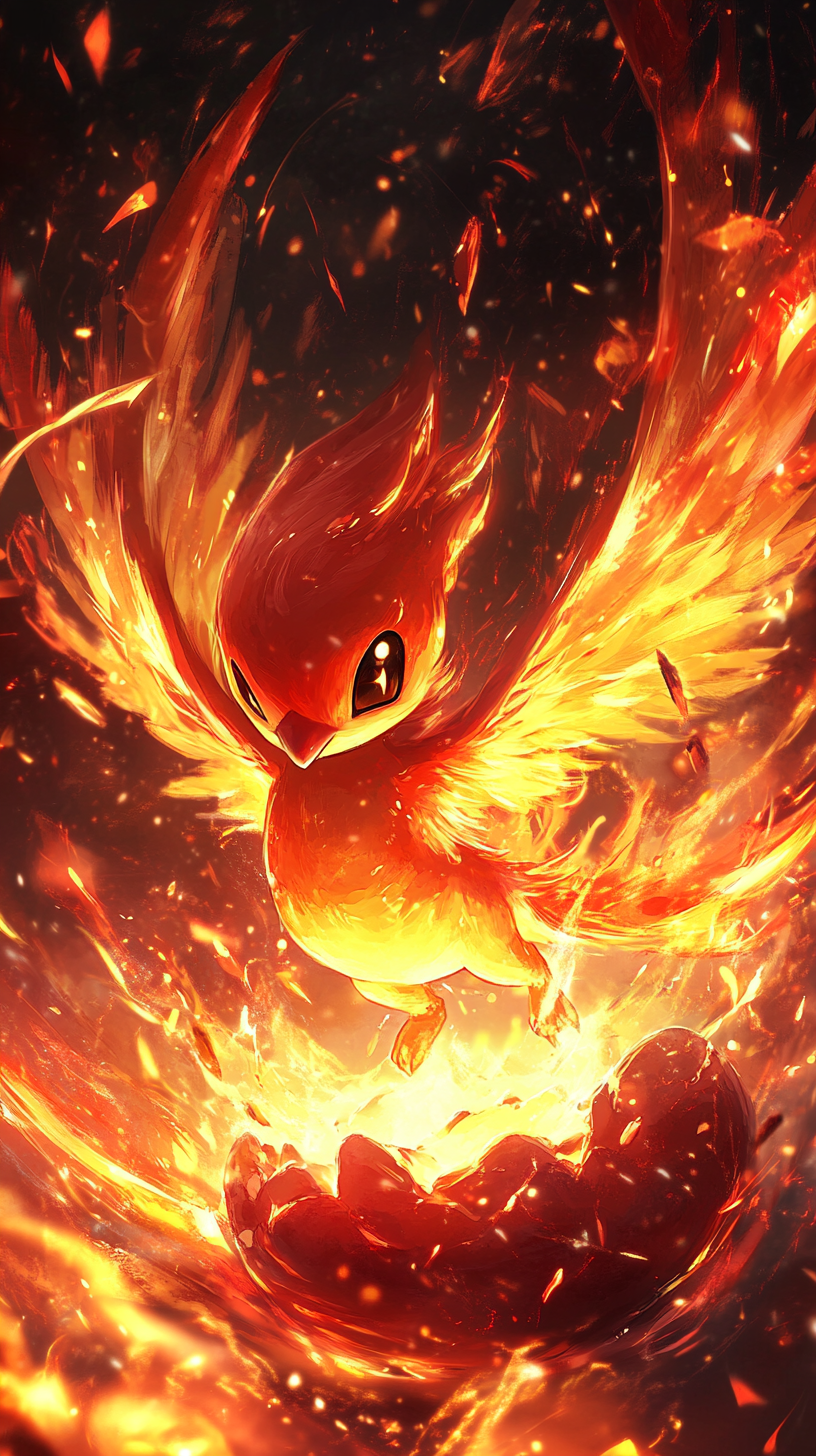 Chibi Moltres hatching from egg in fiery inferno.