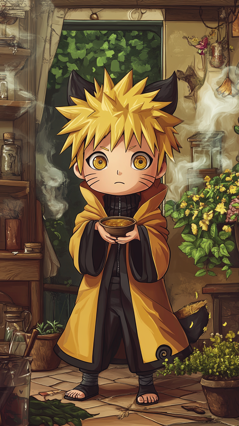 Chibi Naruto in Hufflepuff robes gardening or helping.