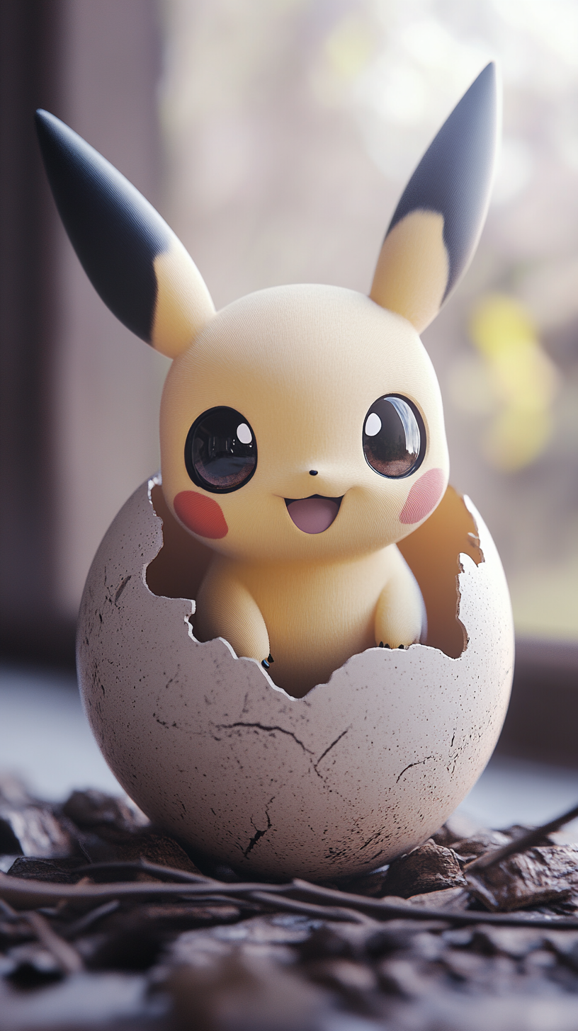 Chibi Pichu hatching from egg, high quality, cute.