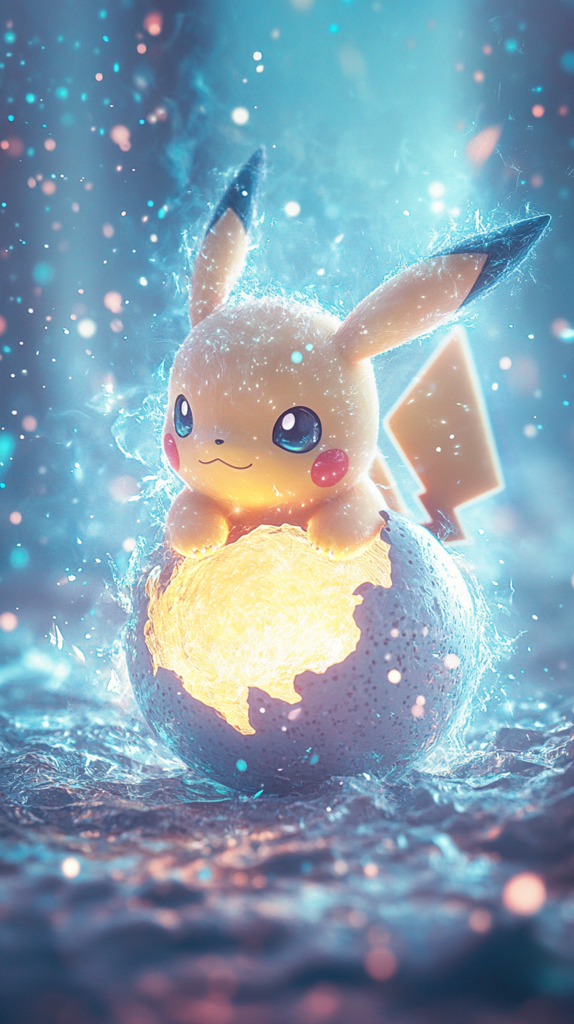 Chibi Pichu hatching from egg with magical aura.