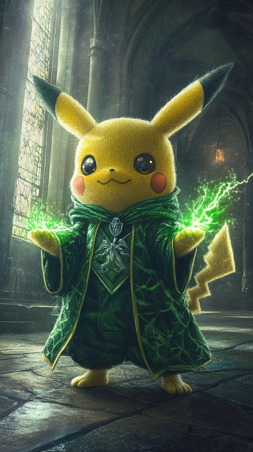 Chibi Pikachu in Slytherin robes at Hogwarts castle.