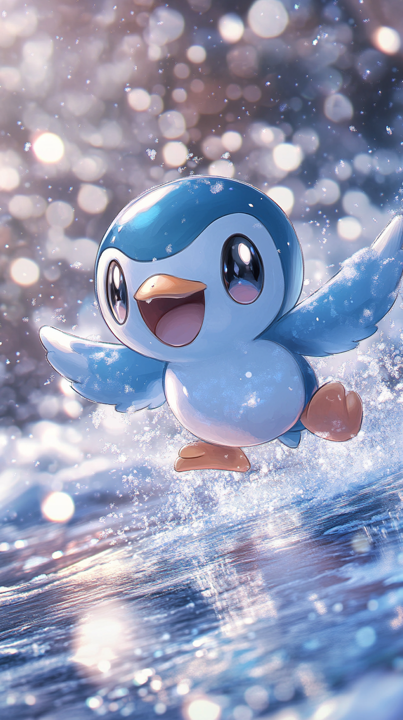 Chibi Piplup Pokémon sliding on shimmering ice joyfully.