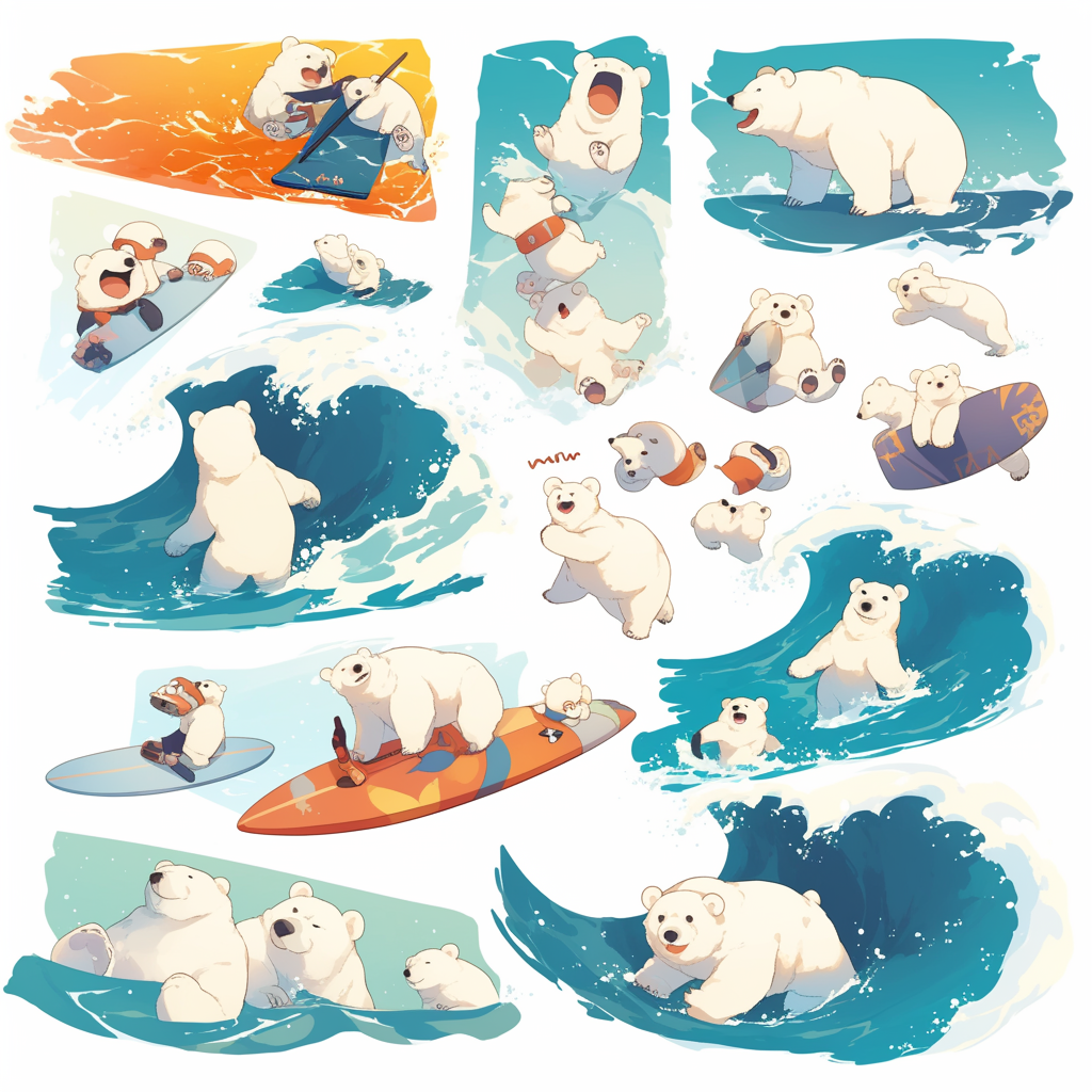 Chibi Polar Bear Surfer Comic Style Stamp 