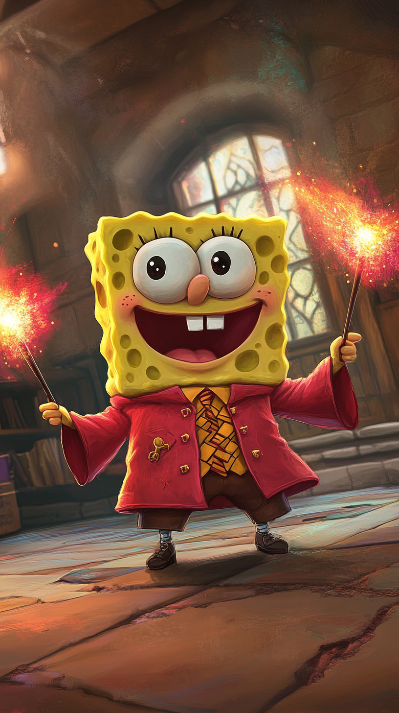 Chibi SpongeBob wears Gryffindor robes, duels magically.