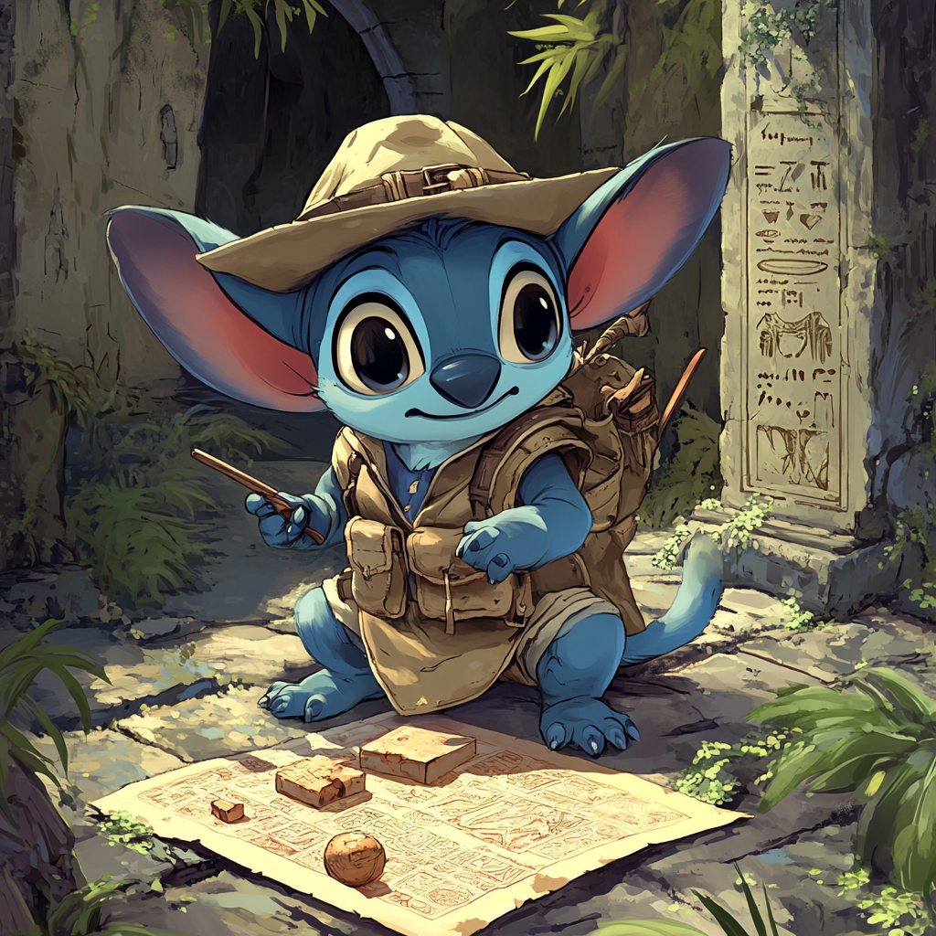 Chibi Stitch in archaeologist outfit examines ancient artifact.