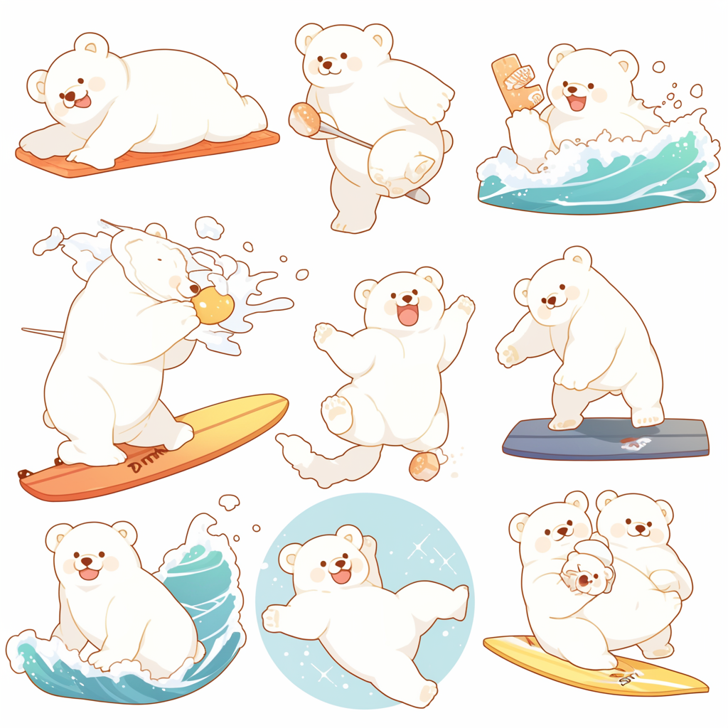 Chibi Surfing Polar Bear in Comic Style Poses