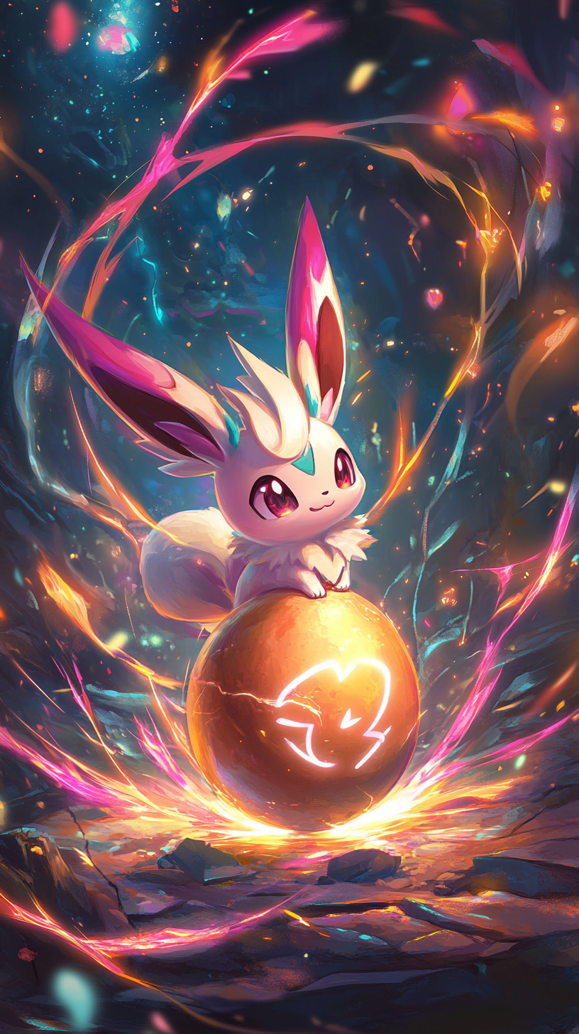 Chibi Sylveon hatches from egg with magical ribbons.