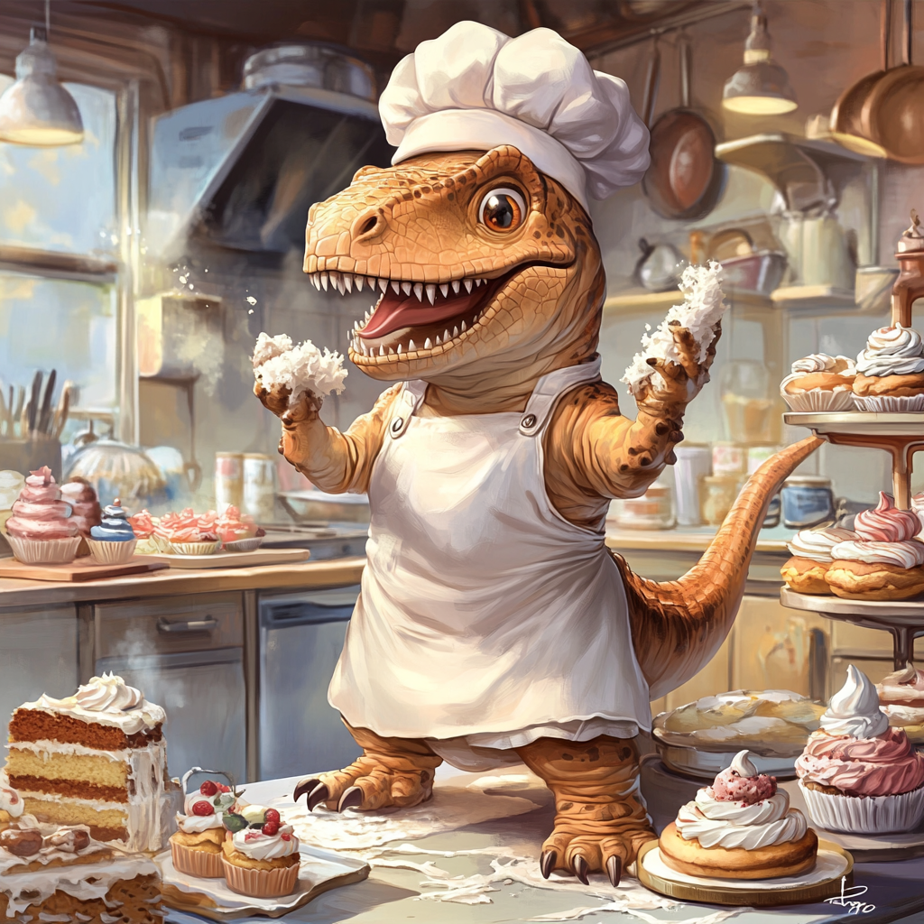 Chibi T. rex chef decorates cake in bakery.