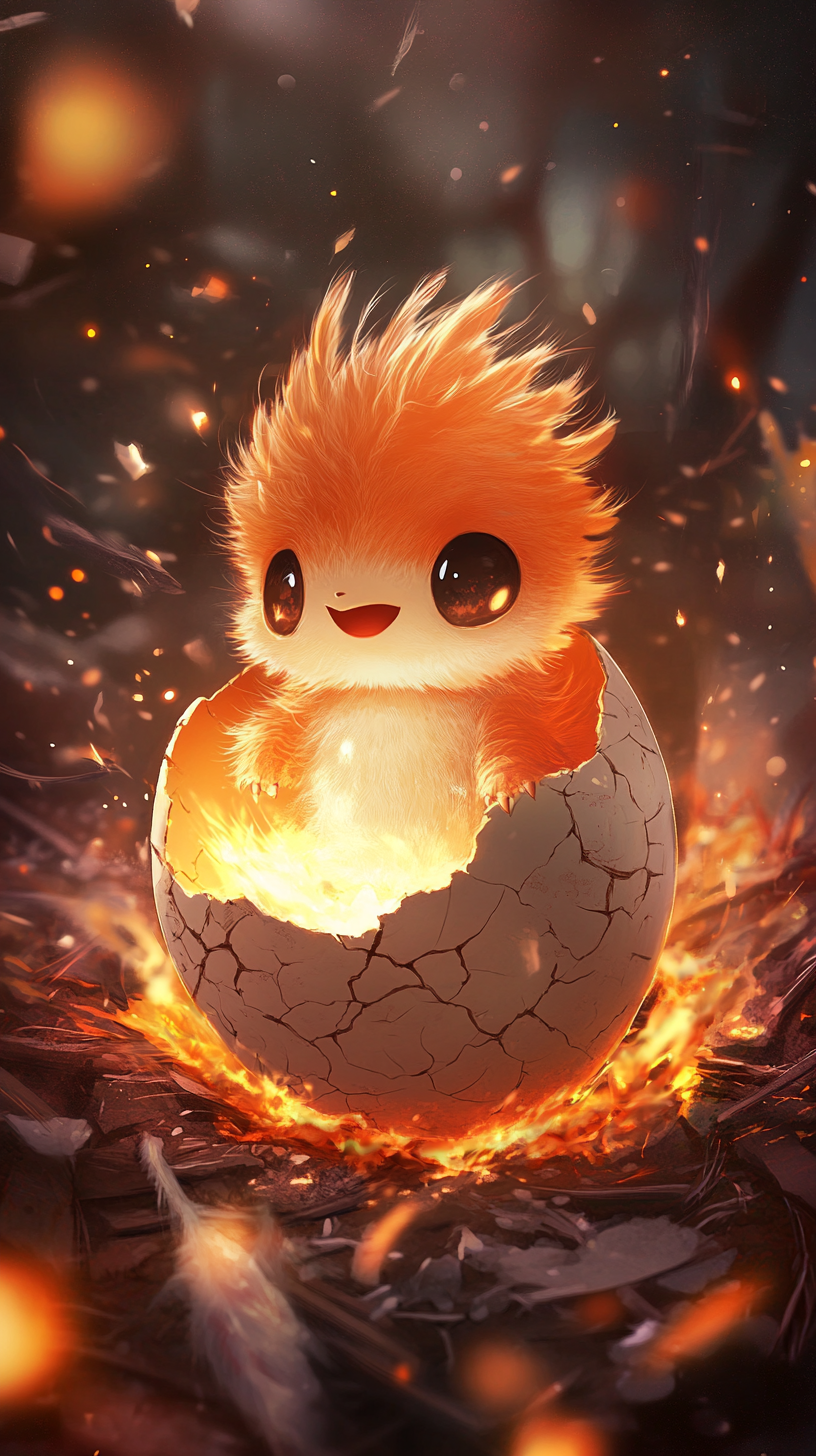 Chibi Torchic hatching from egg in fiery landscape scene.