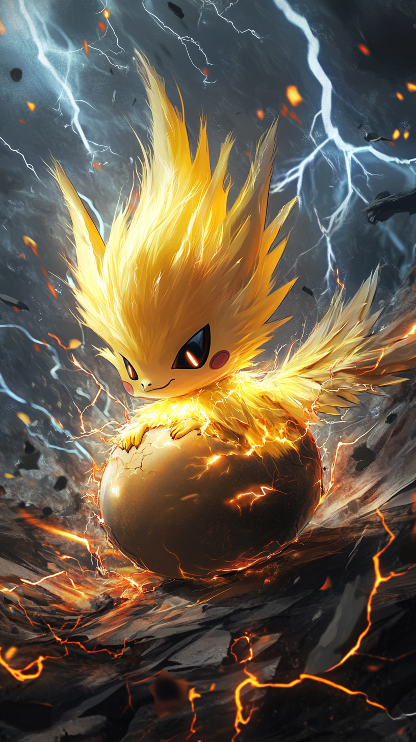 Chibi Zapdos with golden feathers emerging from egg storm.