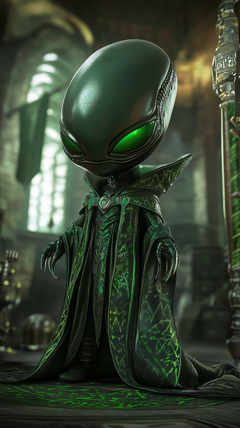 Chibi alien in Slytherin robes looks menacing.