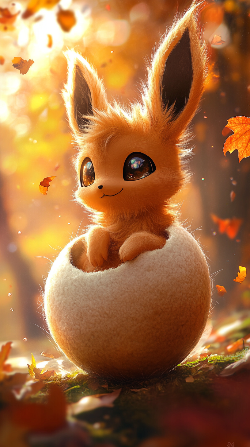 Chibi baby Eevee hatching from glowing egg in forest.