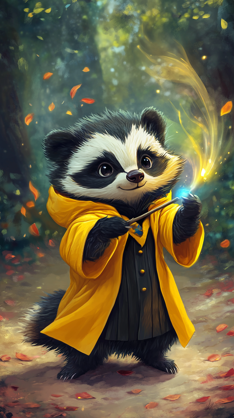 Chibi badger in Hufflepuff robe using wand to cast spell.