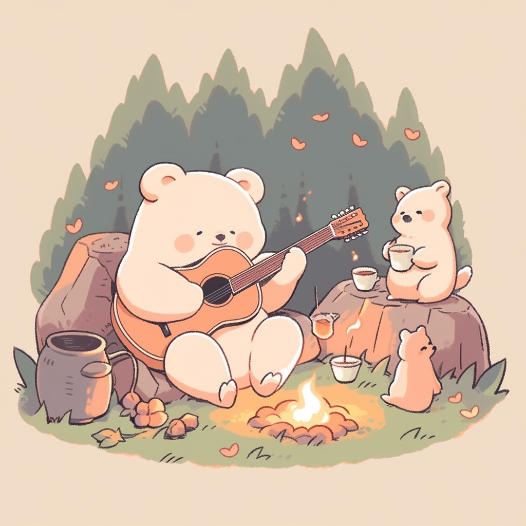 Chibi bear, bunny, and lion cozy campfire scene.