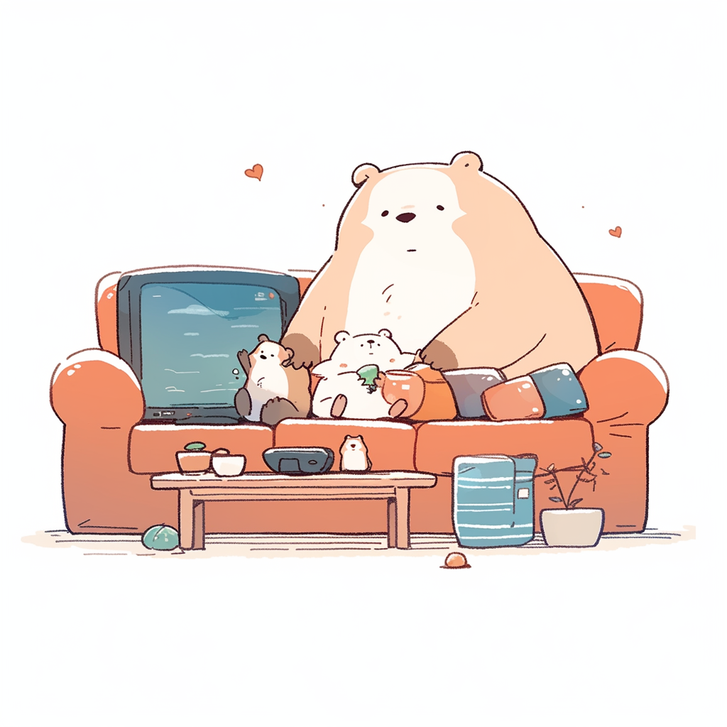 Chibi bear and cub watching TV on couch.