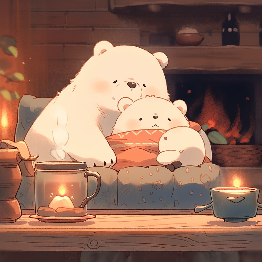 Chibi bear and cub watching movie in cozy cabin.