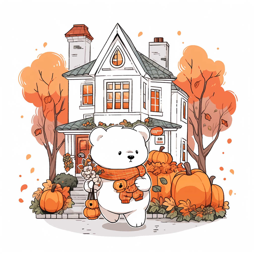 Chibi bear in ghost costume trick-or-treating in cozy neighborhood.