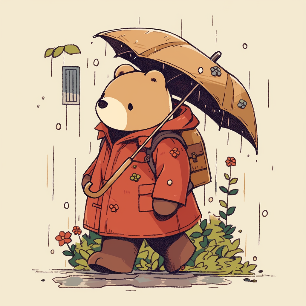 Chibi bear in raincoat and umbrella walking in neighborhood.