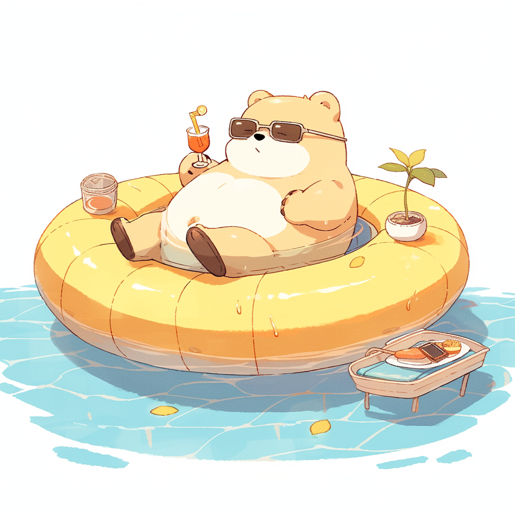 Chibi bear lounging in pool with summer drink.