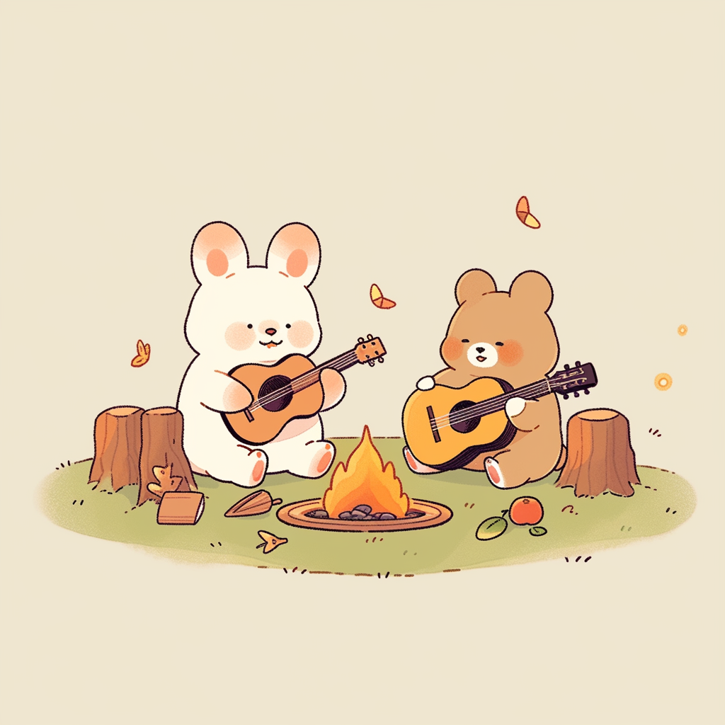 Chibi bear playing guitar with friends in woods.