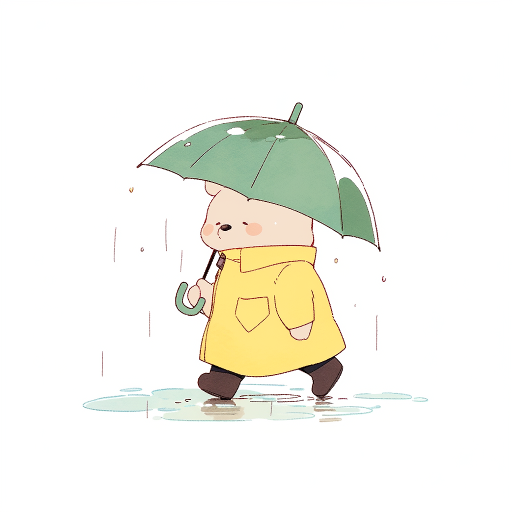 Chibi bear with umbrella walking home in rain.